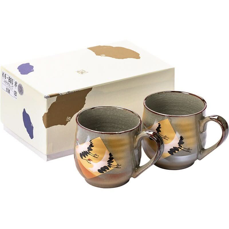Kutani Burning Crane Mugs: Japanese-style ceramic water cups with crane design in gift box.